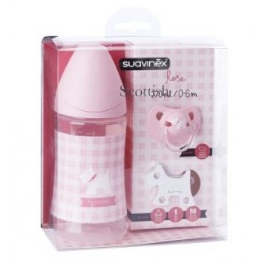شیشه شیر 270 میل  سیلیکونی  ارتودنسی به همراه پستانک  و بند  0 تا 6 ماه  سواوینکس  suavinex    کد  3800225