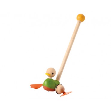 اردک     پلن تویز  planToys _ دسته چوبی،  سبز-نارنجی 