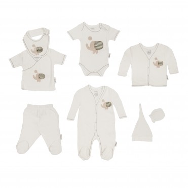 ست لباس 8 تکه نوزادی طرح فیل کرم برند ORGANIX