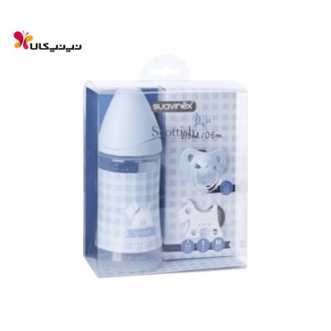 شیشه شیر 270 میل  سیلیکونی ارتودنسی به همراه پستانک  و بند  0 تا 6 ماه  سواوینکس  suavinex    کد  3800226