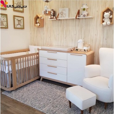 تخت و دراور چوبی نوزاد آمیساچوب مدل ایساتیس