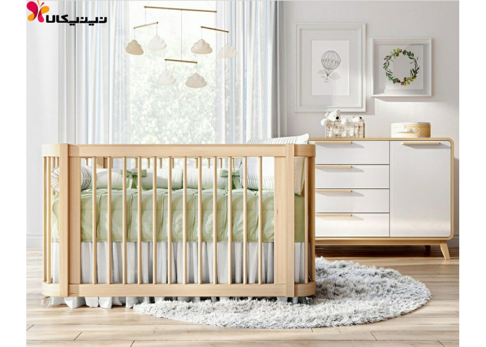 تخت و دراور چوبی نوزاد آمیساچوب مدل ایساتیس