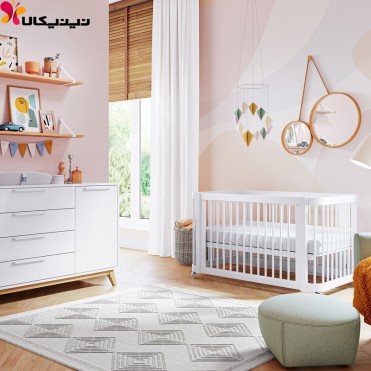 تخت و دراور چوبی نوزاد آمیساچوب مدل ایساتیس رنگ سفید