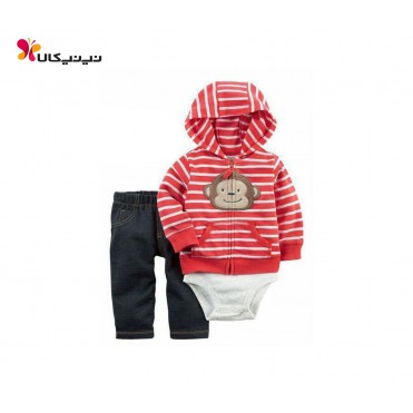 ست سه تکه بادی شلوار سویشرت پسرانه کارترز-Carter's مدل راه راه قرمز میمون