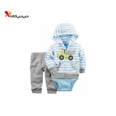 ست سه تکه بادی شلوار سویشرت پسرانه کارترز-Carter's مدل راه راه آبی کامیون